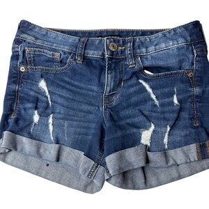 Express Womens Denim Midi Low Rise Distressed Shorts Size 4